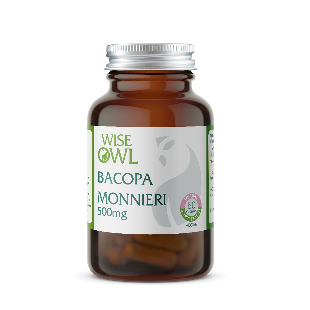 Bottle of Wise Owl Health Bacopa Monnieri supplement on a white background
