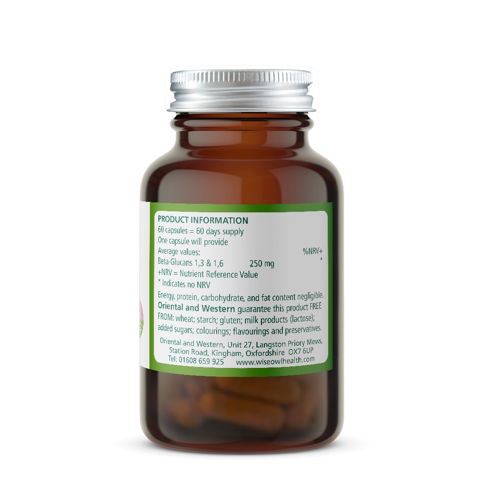 Bottle of Wise Owl Health Beta-Glucans with green product information label