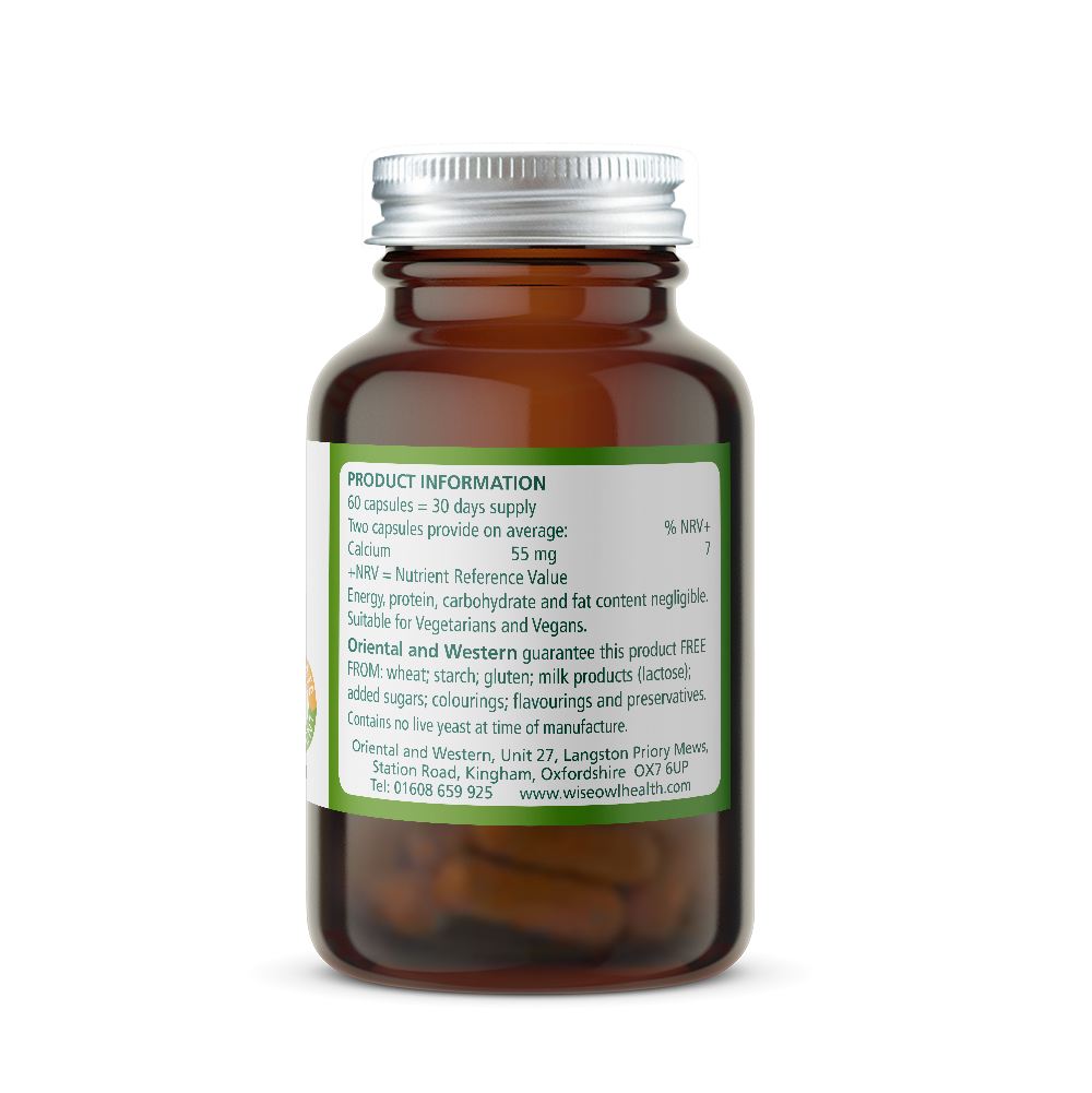 Bottle of Wise Owl Health Calcium supplement product information label.