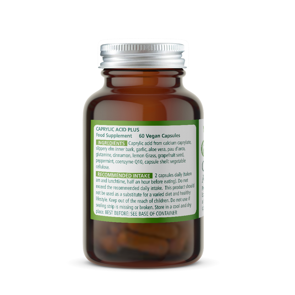Bottle of Wise Owl Health Caprylic Acid Plus and ingredients label