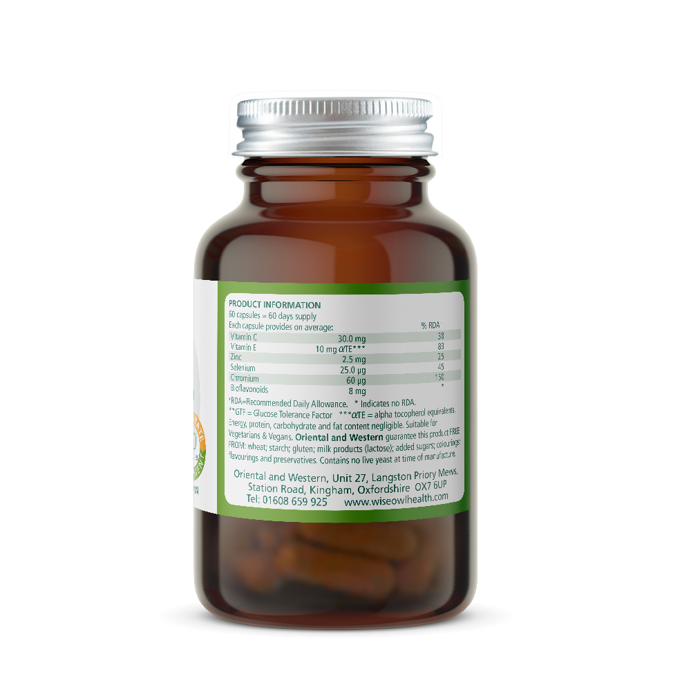 Bottle of Wise Owl GTF Chromium supplement with Product Information label on a white background