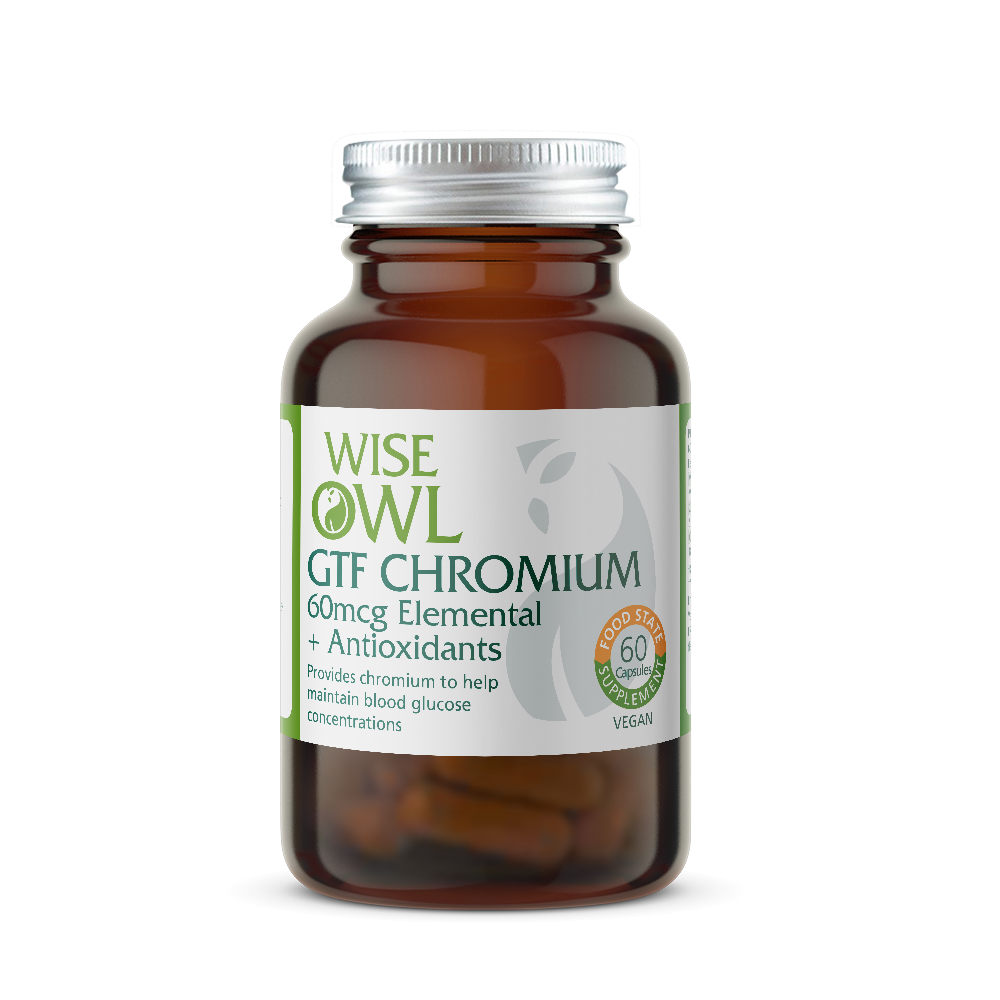 Bottle of Wise Owl GTF Chromium supplement on a white background