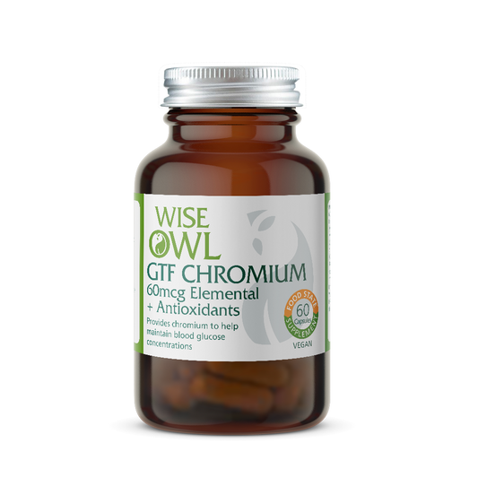 Bottle of Wise Owl GTF Chromium supplement on a white background
