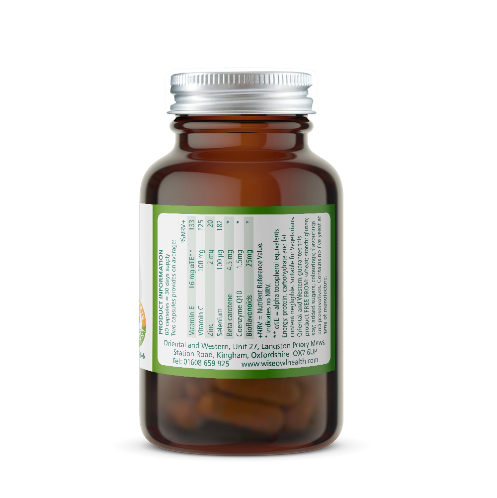 Wise Owl Antioxidant Plus Coenzyme Q10 bottle with Ingredients Label