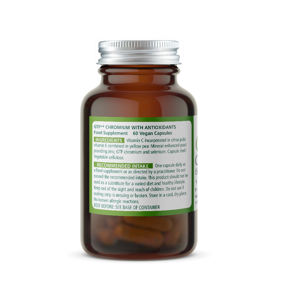 Bottle of Wise Owl GTF Chromium supplement with Ingredients label on a white background