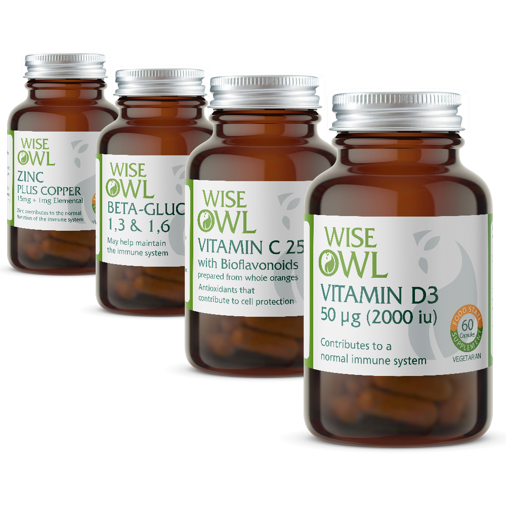 Four Wise Owl supplement bottles on a white background