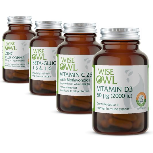 Four Wise Owl supplement bottles on a white background