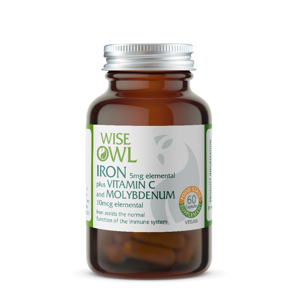 Bottle of Wise Owl Iron supplement with a white background