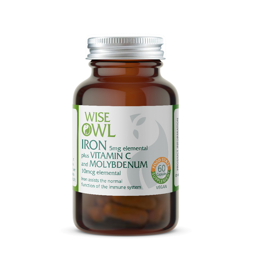 Bottle of Wise Owl Iron supplement with a white background