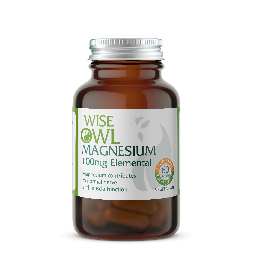 Bottle of Wise Owl Magnesium supplement on a white background