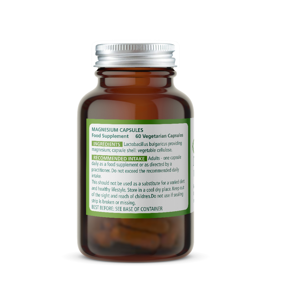 Brown Magnesium 100mg supplement bottle with a green label on a white background