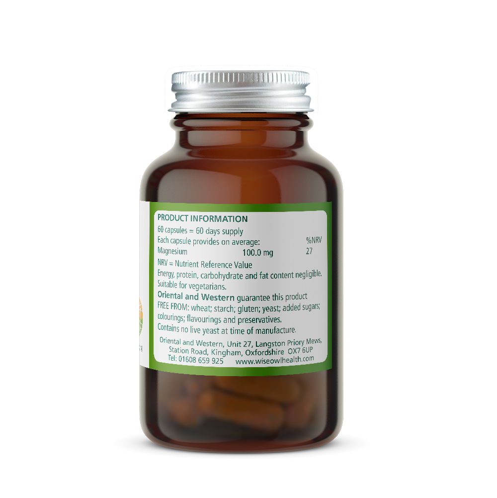 Brown magnesium 100mg supplement bottle with a green label on a white background