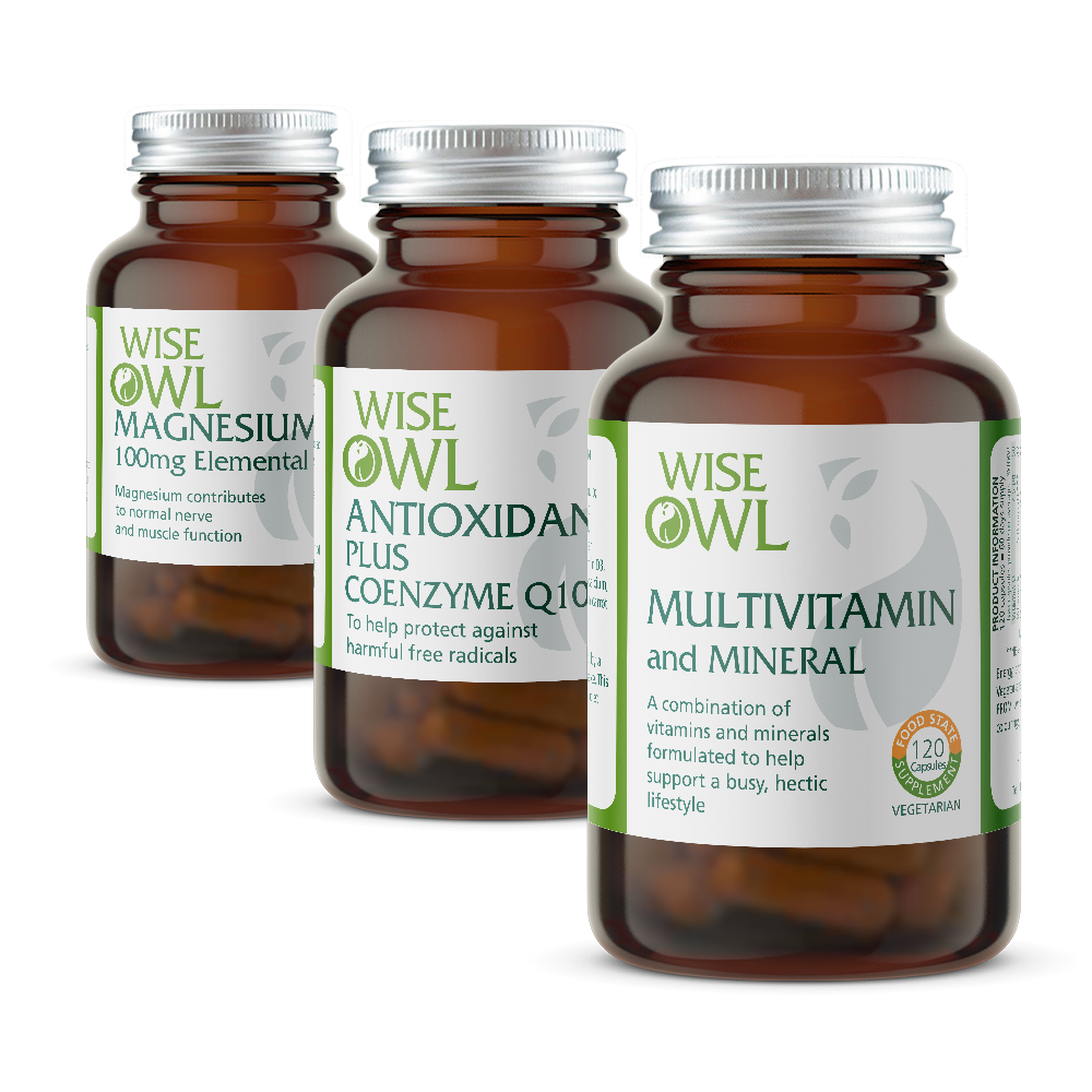 Three Wise Owl supplement bottles on a white background