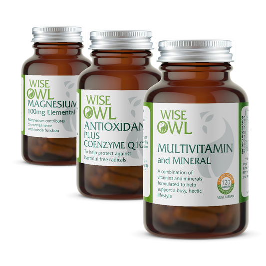 Three Wise Owl supplement bottles on a white background