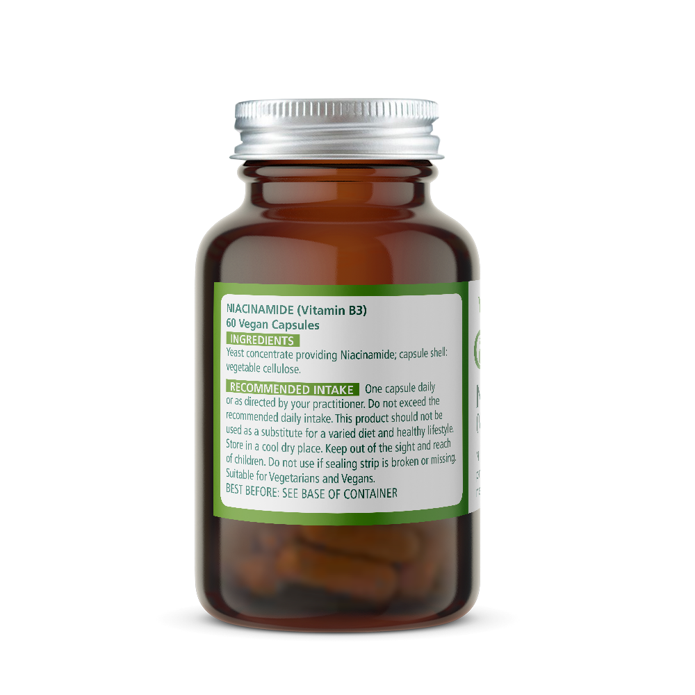Niacinamide Vitamin supplement bottle with label on a white background