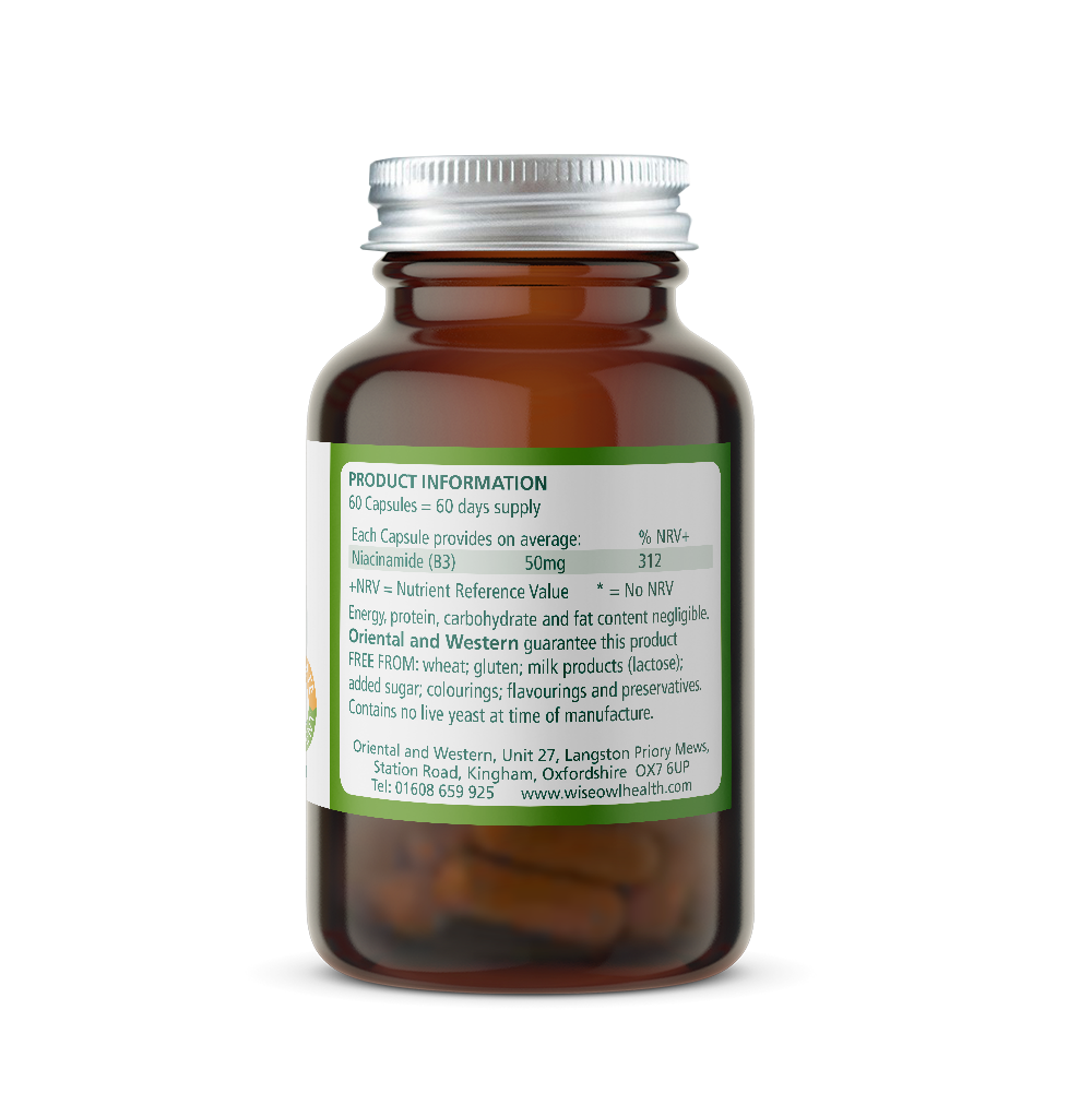Brown Niacinamidesupplement bottle with a green label on a white background
