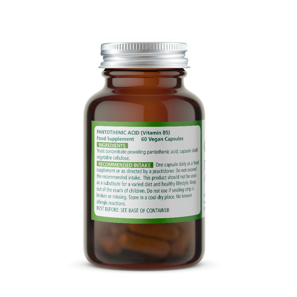 Pantothenic acid 50mg Vitamin supplement bottle with ingredients on a white background