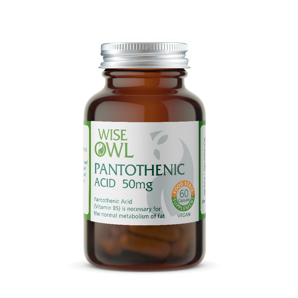 Pantothenic acid 50mg Vitamin supplement bottle on a white background