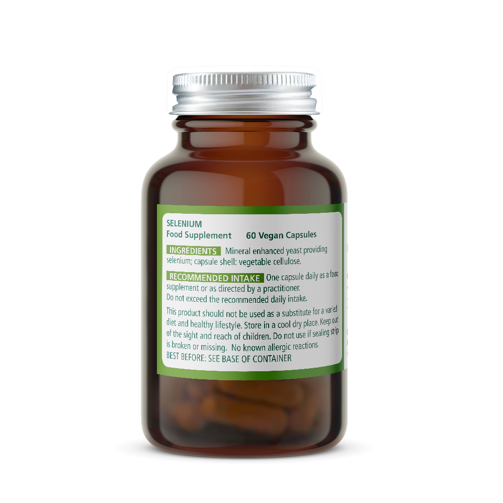 Selenium Vitamin supplement bottle with label on a white background