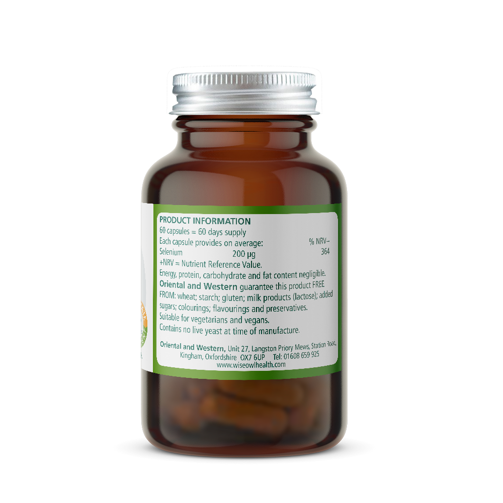Brown Selenium supplement bottle with a green label on a white background