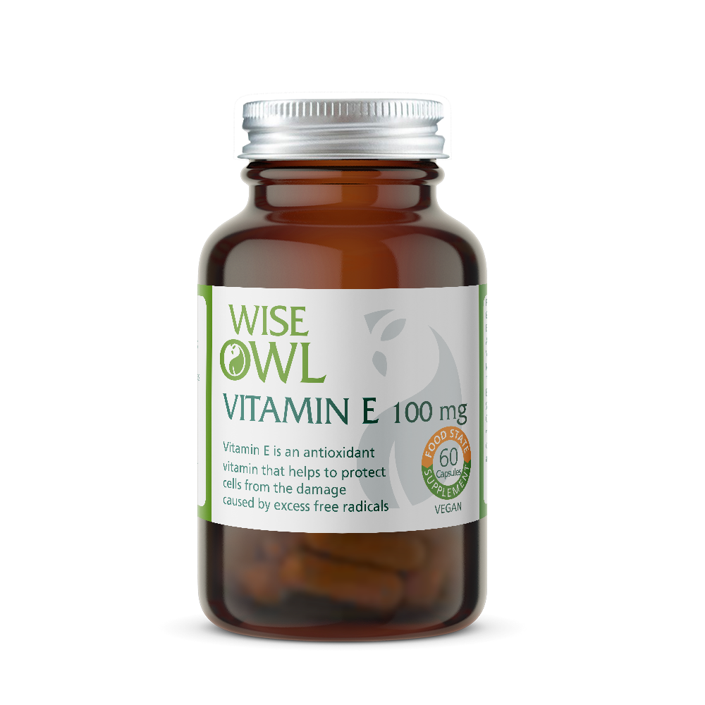 Bottle of Wise Owl Vitamin E 100 mg on a white background