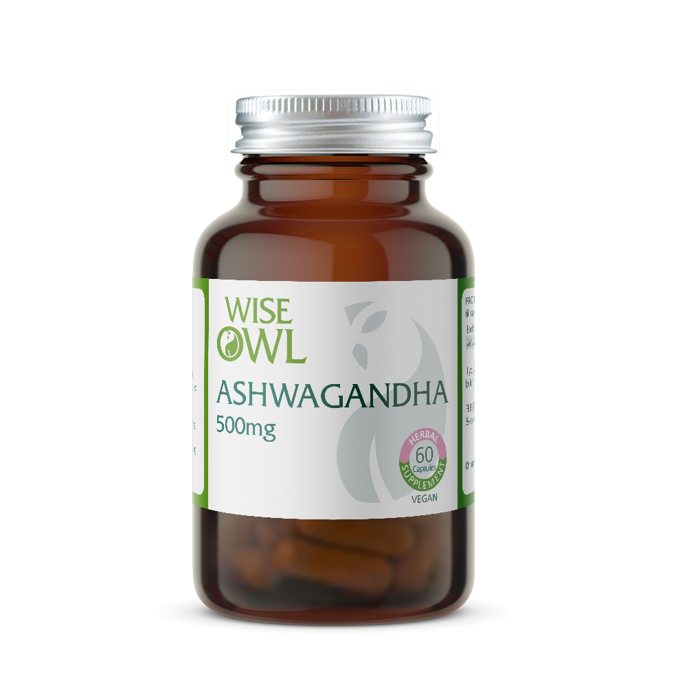 Bottle of Wise Owl Health Ashwagandha supplement on a white background