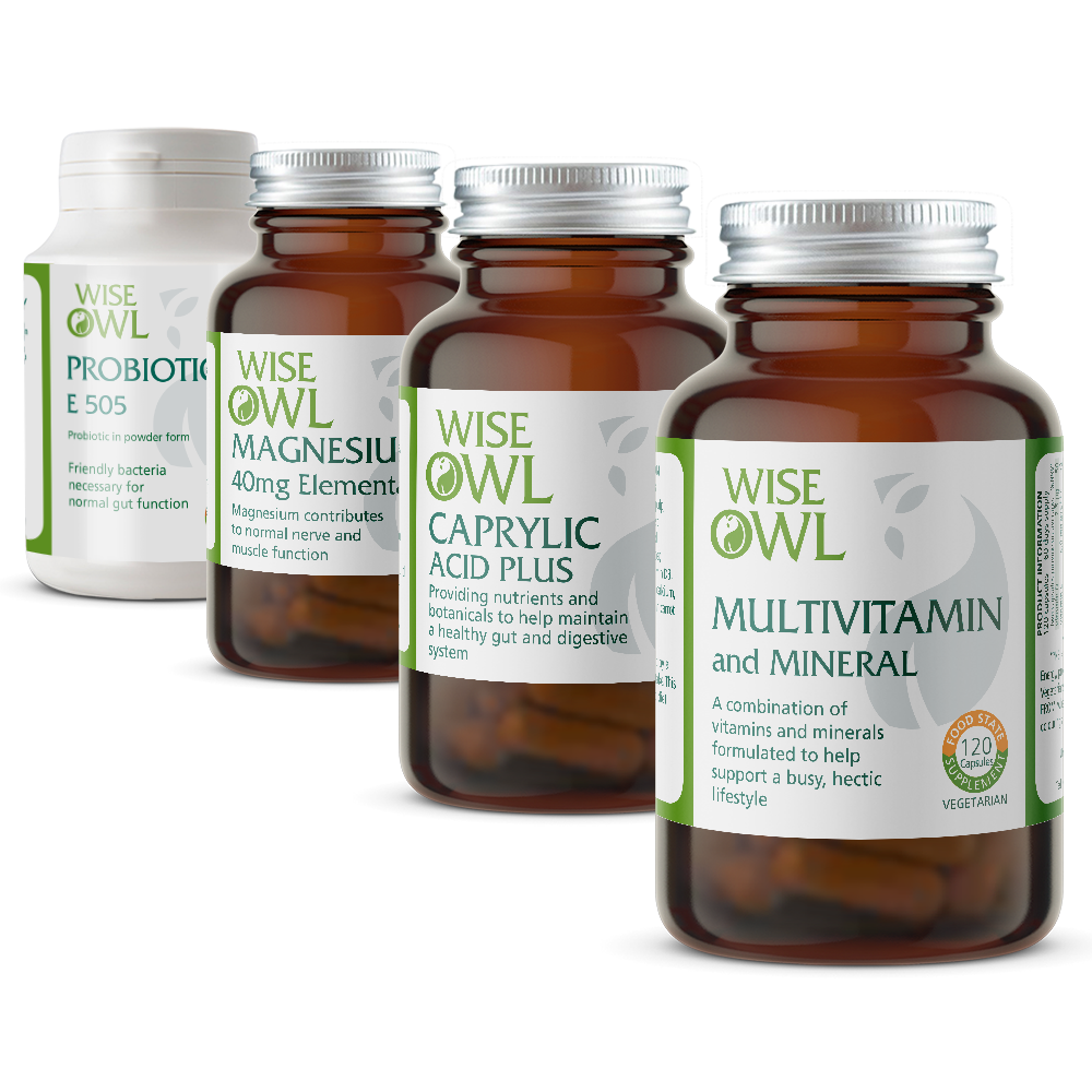 Collection of Wise Owl supplement bottles on a white background