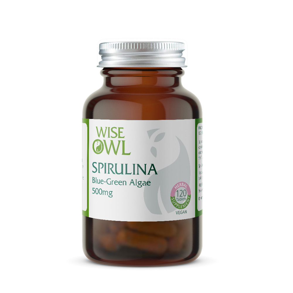 Bottle of Spirulina Wise Owl supplement on a white background