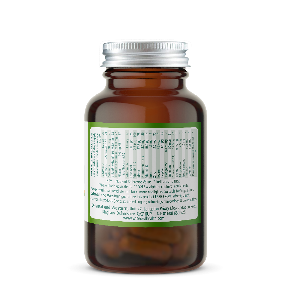 Wise Owl Health Children's multivitamin bottle with product information on a white background