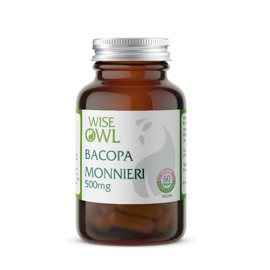 Bottle of Wise Owl Health Bacopa Monnieri supplement on a white background