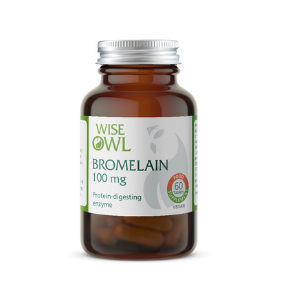 Bottle of Wise Owl Bromelain 100 mg supplement on a white background