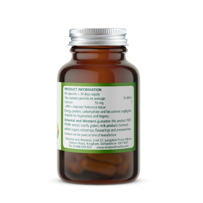 Bottle of Wise Owl Health Calcium supplement product information label.