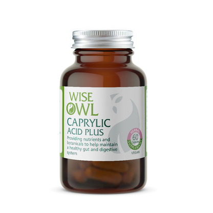 Bottle of Wise Owl Health Caprylic Acid Plus on a white background