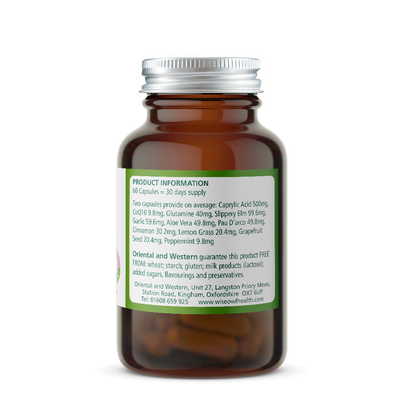 Bottle of Wise Owl Health Caprylic Acid Plus and product info label