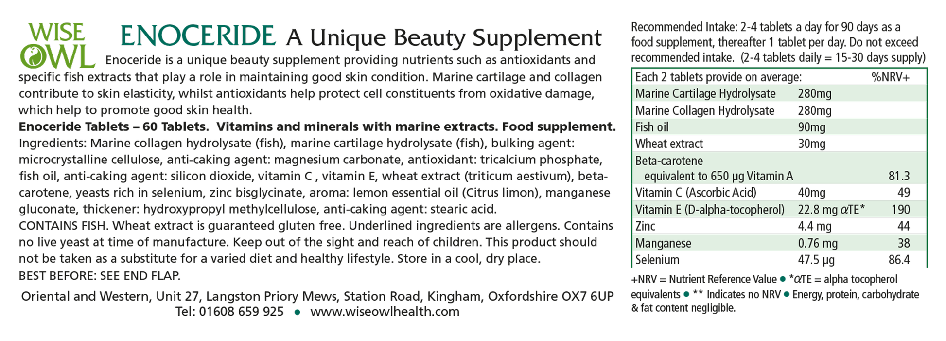 Enoceride ingredients and nutritional information by Wise Owl Health