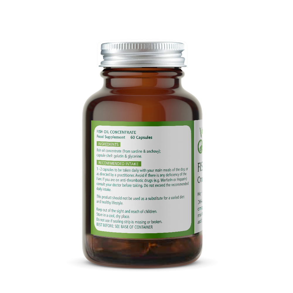 Brown Wise Owl Health Fish Oil supplement bottle with a green Ingredients label on a white background