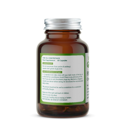 Brown Wise Owl Health Fish Oil supplement bottle with a green Ingredients label on a white background