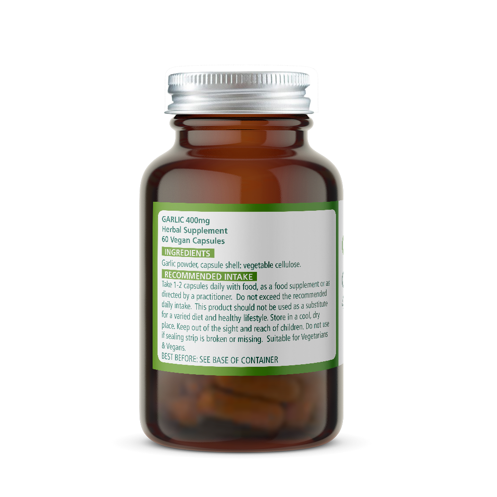 Bottle of Wise Owl Health Garlic 400mg supplement with green ingredients label on a white background