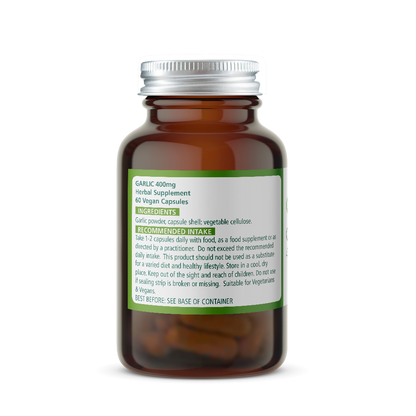 Bottle of Wise Owl Health Garlic 400mg supplement with green ingredients label on a white background
