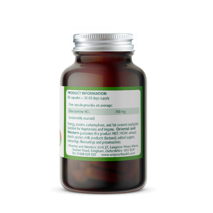 Brown Bottle of Wise Owl Glucosamine HCL 750 mg with Product Information label on a white background