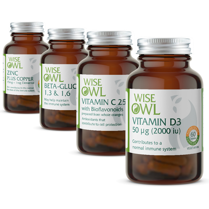 Four Wise Owl supplement bottles on a white background