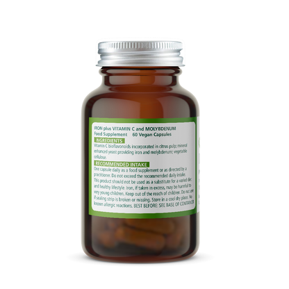 Brown Wise Owl Health Iron supplement bottle with a green Ingredients label on a white background