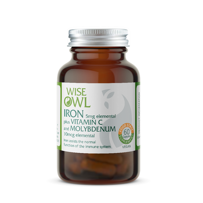 Bottle of Wise Owl Iron supplement with a white background