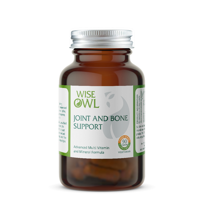 Bottle of Wise Owl Joint and Bone Support supplement on a white background