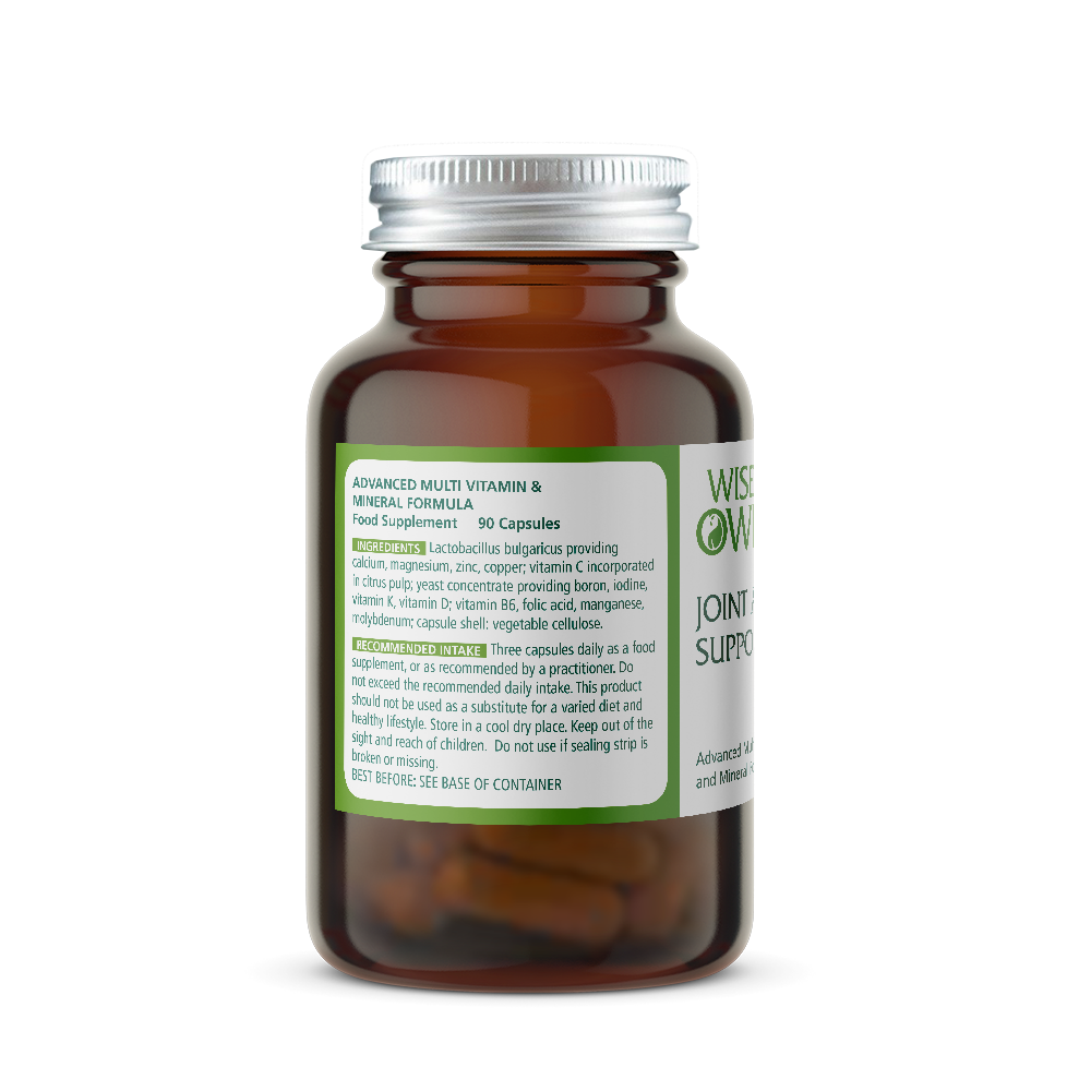 Bottle of Wise Owl Joint and Bone Support supplement and green ingredients label on a white background