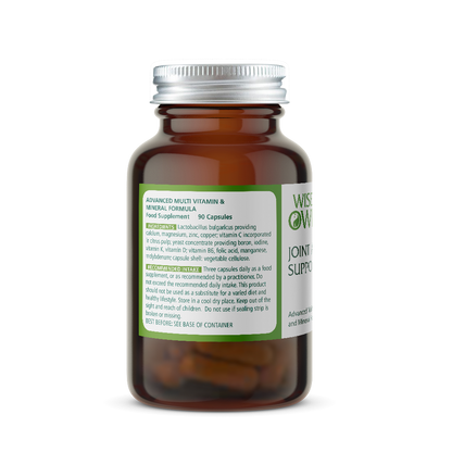 Bottle of Wise Owl Joint and Bone Support supplement and green ingredients label on a white background