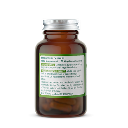 Brown Magnesium 100mg supplement bottle with a green label on a white background