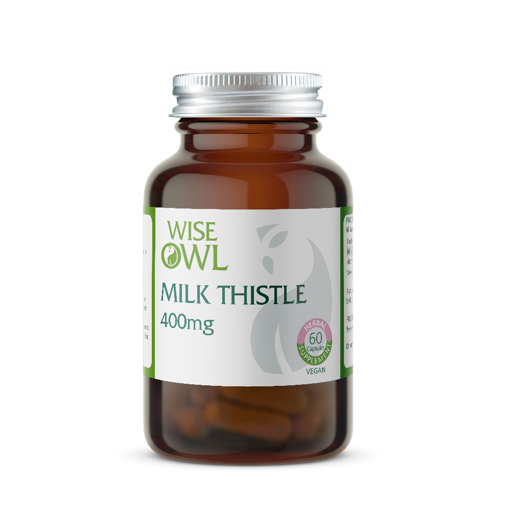 Bottle of Wise Owl Milk Thistle supplement on a white background