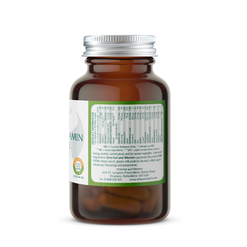 Vitamin supplement bottle with a label on a white background