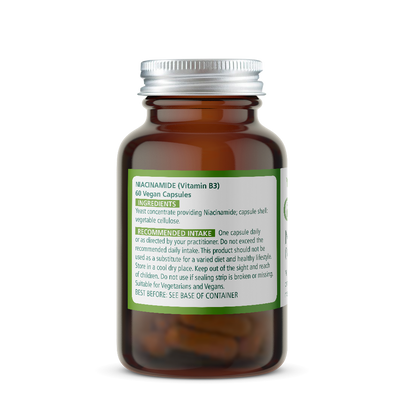 Niacinamide Vitamin supplement bottle with label on a white background